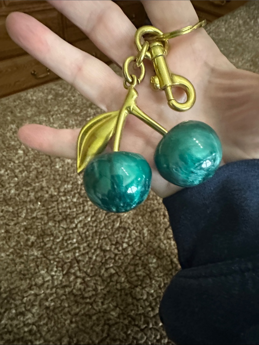 Gold Cherry Keychain with Teal Enamel Cherries